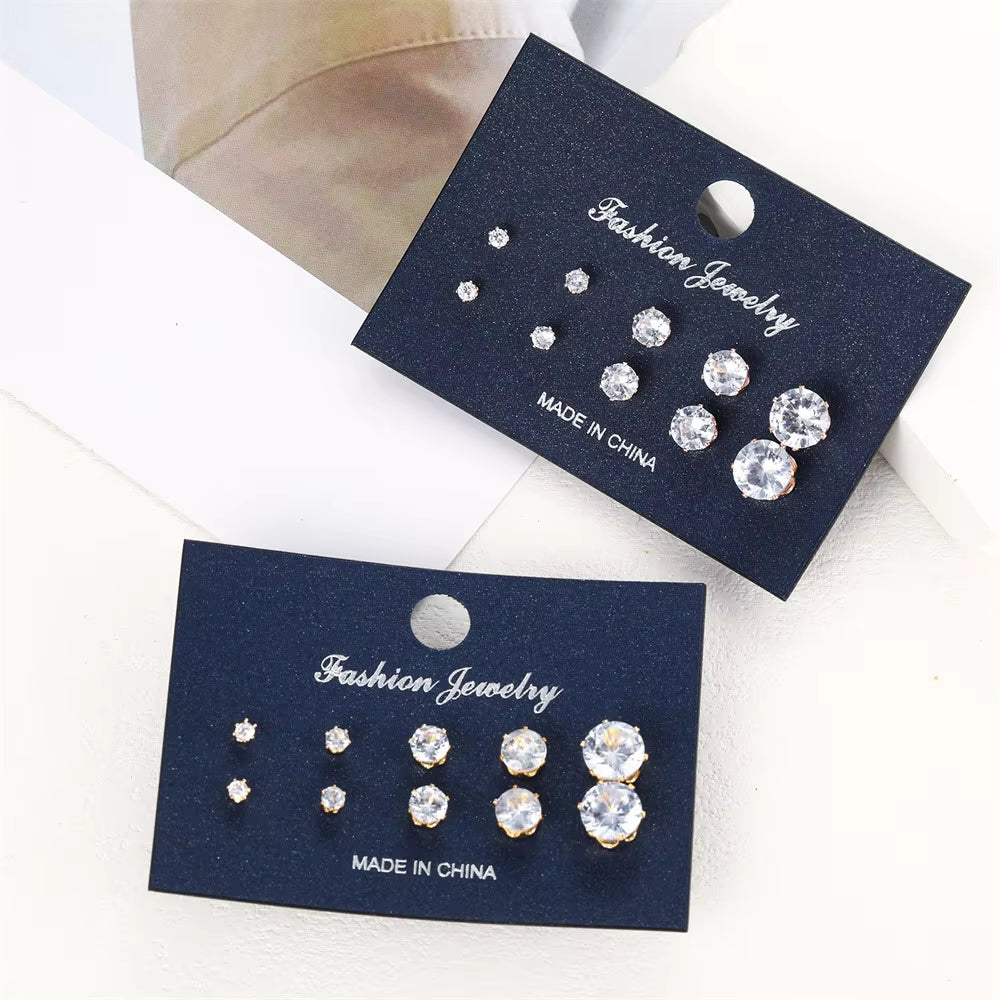 10Pcs Shiny CZ Cubic Zirconia Paved Stud Earrings Set for Women Men Unisex Gold Color Alloy Simple Fashion Party Earring Jewelry