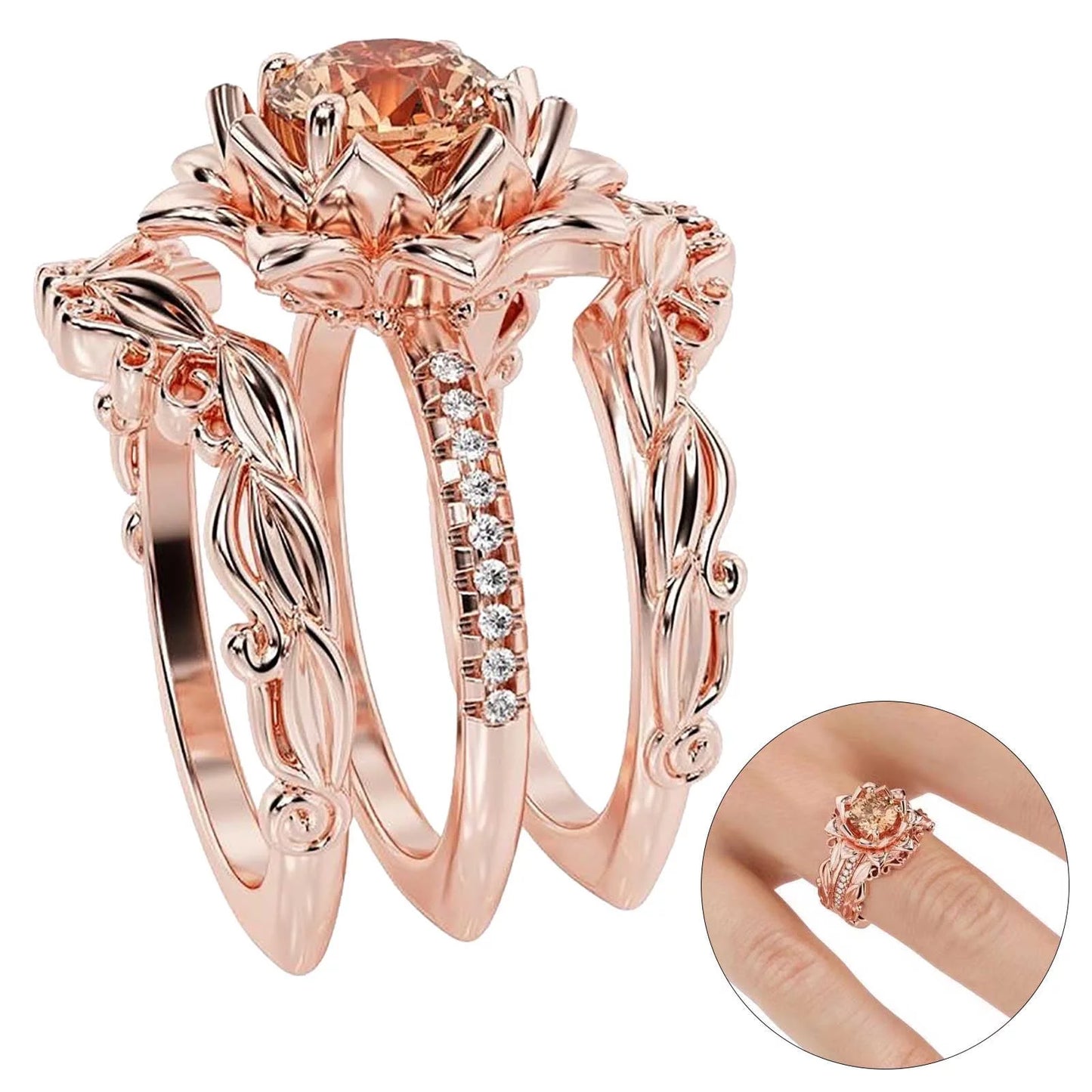 Rings for Women Mothers Day Gifts Three-Piece Rose Set with Zircon Rings Can Be a Gift