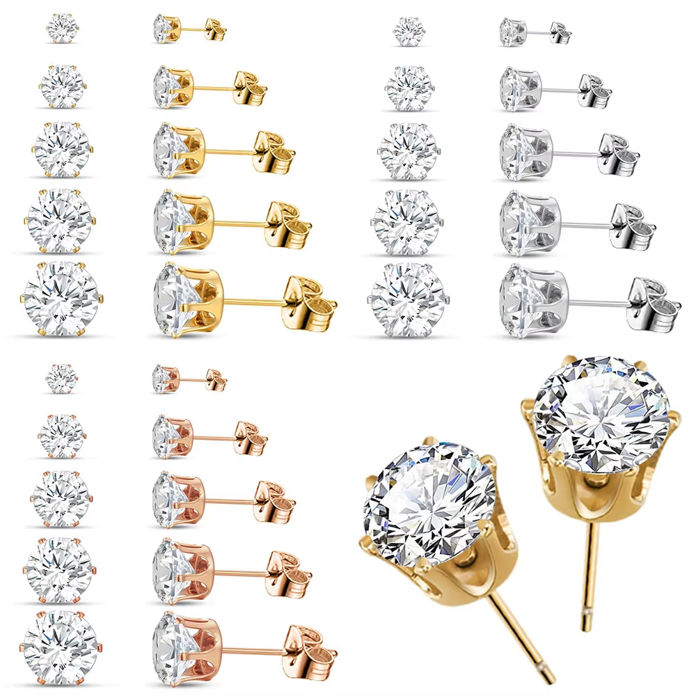 10Pcs Shiny CZ Cubic Zirconia Paved Stud Earrings Set for Women Men Unisex Gold Color Alloy Simple Fashion Party Earring Jewelry